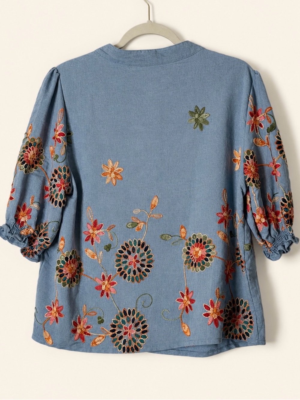 Parami Design Embroidered Floral Chambray Blouse Boho Puff Sleeve XL - Picture 4 of 6